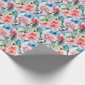 花模様の鳥の葉の花グリーンブルー ラッピングペーパー (角)