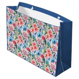 花模様の鳥の葉の花グリーンブルー ラージペーパーバッグ