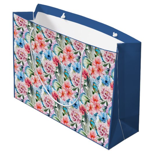 花模様の鳥の葉の花グリーンブルー ラージペーパーバッグ (裏面アングル)