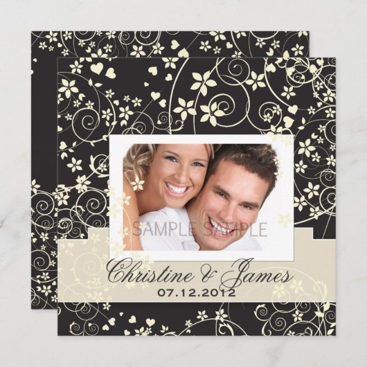 花模様を黒に塗り、写真と共に 招待状 (正面/裏面)