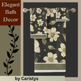 花模様アイボリー、オリーブと蝶 バスタオルセット