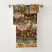 花模様エレガント、ティール(緑がかった色)、ブラウン、アイボリー バスタオルセット (インサイチュ)