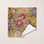 花模様エレガント、ティール(緑がかった色)、ブラウン、アイボリー バスタオルセット (ウォッシュタオル)