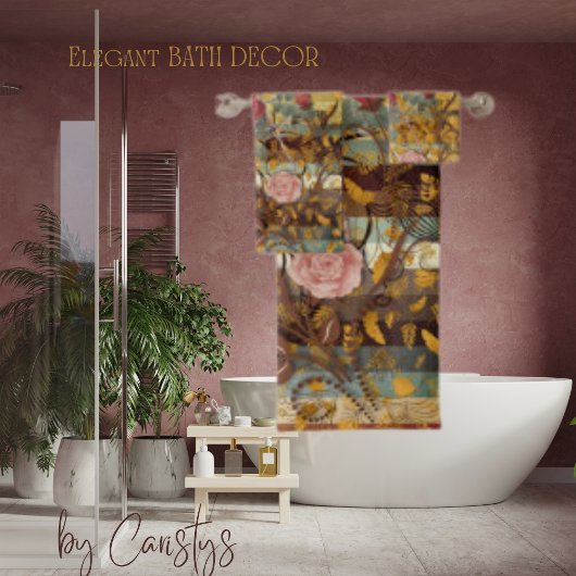 花模様エレガント、ティール(緑がかった色)、ブラウン、アイボリー バスタオルセット