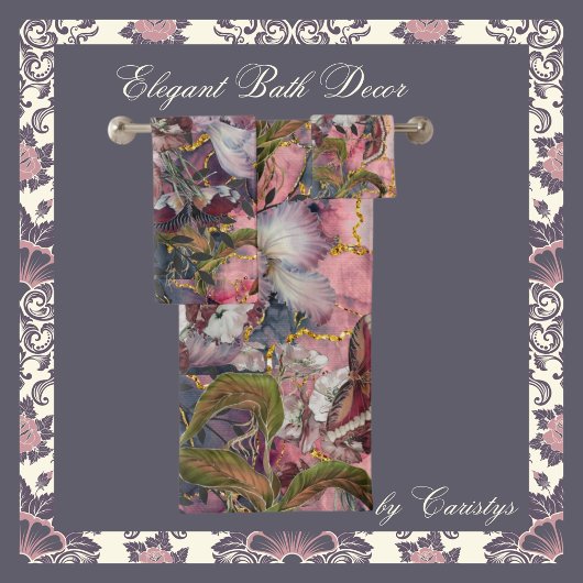 花模様エレガントBurgandy Shades with金ゴールド バスタオルセット