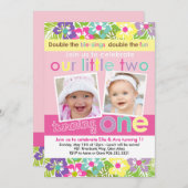 花模様カラフルツインガールズファースト誕生日 招待状 (正面/裏面)