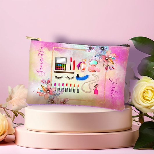 花模様ガーリーと大理石ピンクスの化粧 アクセサリーポーチ