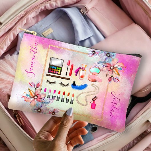 花模様ガーリーと大理石ピンクスの化粧 アクセサリーポーチ