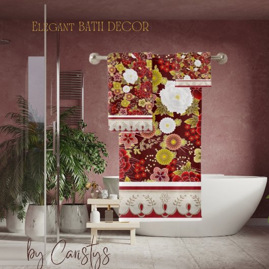 花模様クラシックサビ、ブラウン、オリーブ バスタオルセット