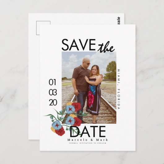 花模様シンプルレッド日付を保存フォトポストカード ポストカード (正面/裏面)