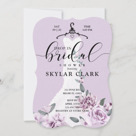 花模様ス結婚ホワイトのドレスドロップブライダルシャワー 招待状 (正面)