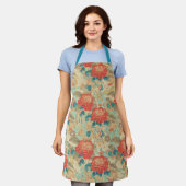 花模様ティール（緑がかった色）、ピーチ、ティール（緑がかった色）オールオーバープリントエプロン エプロン (着用した状態)