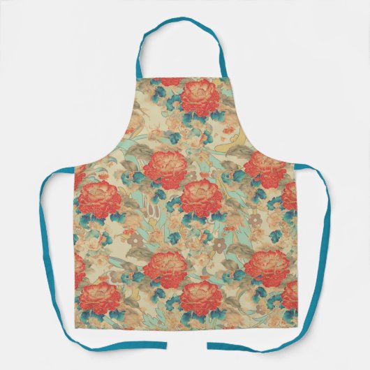 花模様ティール（緑がかった色）、ピーチ、ティール（緑がかった色）オールオーバープリントエプロン エプロン (正面)