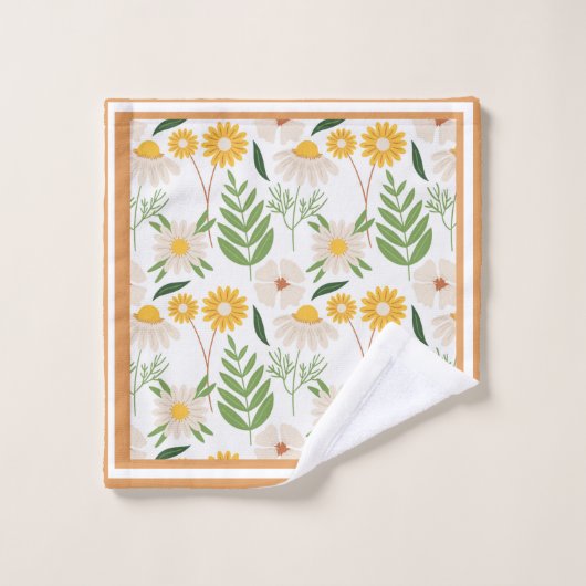 花模様デイジーが珊瑚と緑に囲まれた バスタオルセット (ウォッシュタオル)