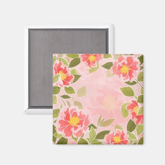花模様ピンクと珊瑚の背景 マグネット (正面/裏面)
