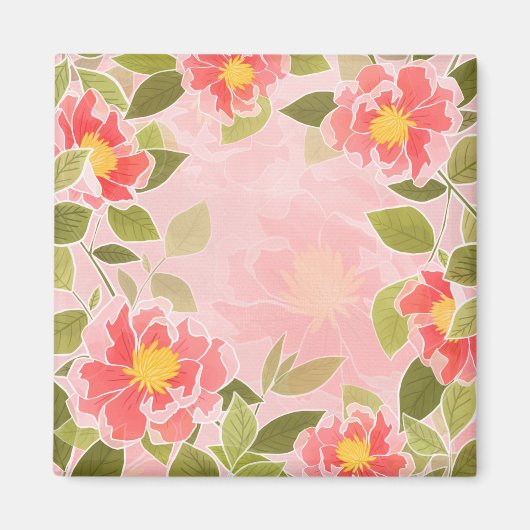 花模様ピンクと珊瑚の背景 マグネット (正面)