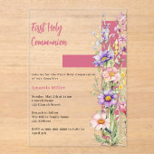 花模様ピンクのクロス女の子澄んファースト・コミュニオン アクリル招待状 (正面)