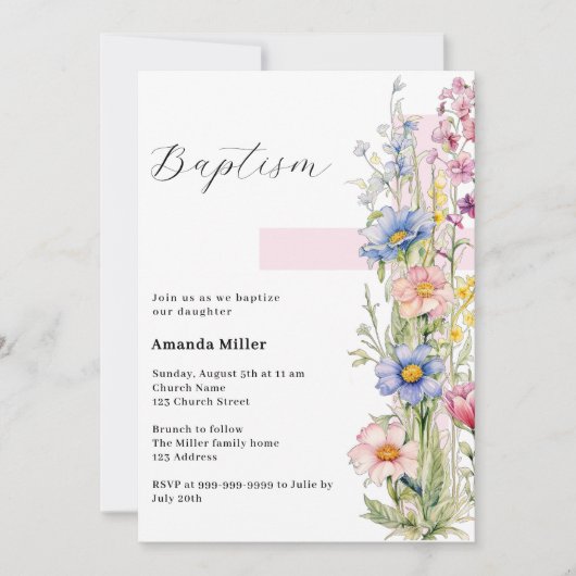 花模様ピンククロスガールバプテスマ 招待状 (正面)