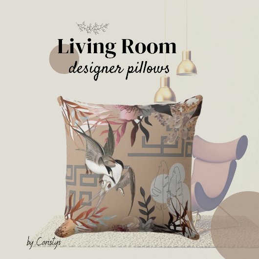 花模様ブラウンズクランベリータン&バード クッション