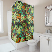 花模様ブラウン，錆，ティール（緑がかった色） シャワーカーテン (インサイチュ)
