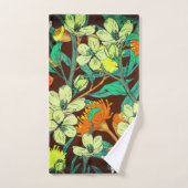 花模様ブラウン，錆，ティール（緑がかった色） バスタオルセット (ハンドタオル)