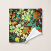 花模様ブラウン，錆，ティール（緑がかった色） バスタオルセット (ウォッシュタオル)