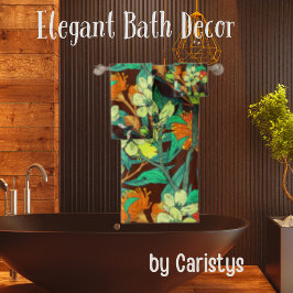 花模様ブラウン，錆，ティール（緑がかった色） バスタオルセット