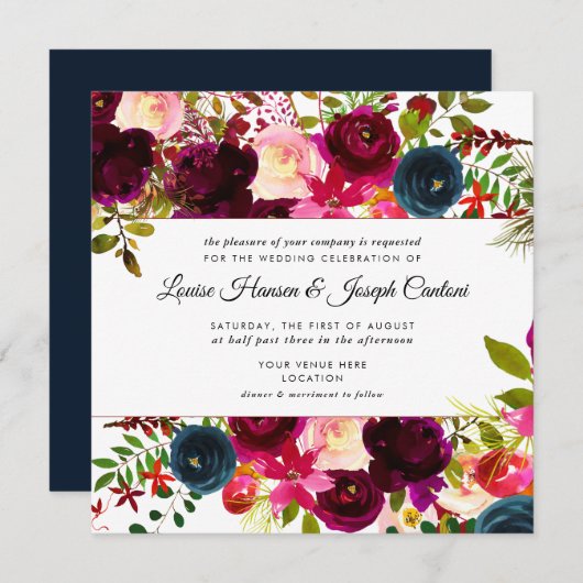 花模様ブルゴーニュ赤面ネイビーウォーター結婚カラー 招待状 (正面/裏面)