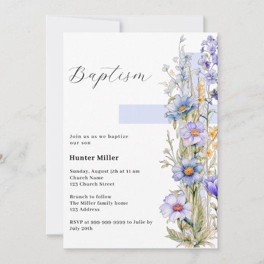 花模様ブルークロスボーイバプテスマ 招待状 (正面)