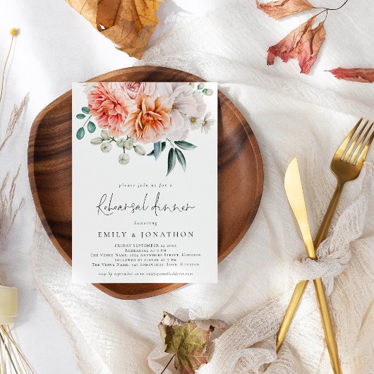 花模様プニーピーチコーラルリハーサルディナー 招待状