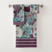 花模様プラム、ティール(緑がかった色)、ソフトホワイトとプラム縁ど バスタオルセット (インサイチュ)