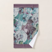 花模様プラム、ティール(緑がかった色)、ソフトホワイトとプラム縁ど バスタオルセット (ハンドタオル)