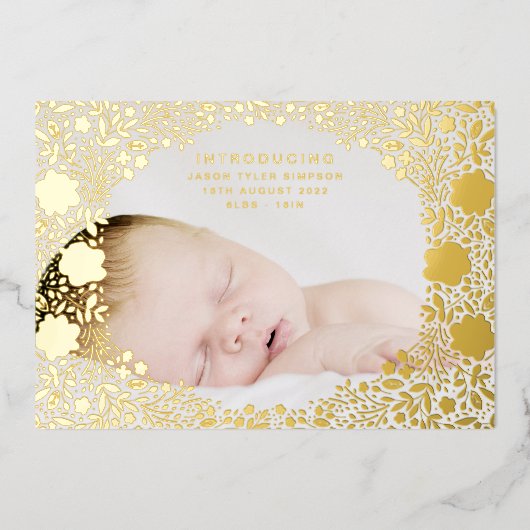 花模様プレス金箔ベビー誕生発表 箔招待状 (正面)