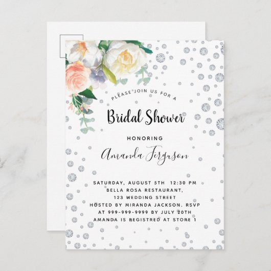 花模様ホワイトローズ金ゴールドグラマラスブライダルシャワー ポストカード (正面/裏面)