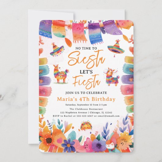 花模様メキシコ、シエスタ誕生日ガールに時間がない 招待状 (正面)