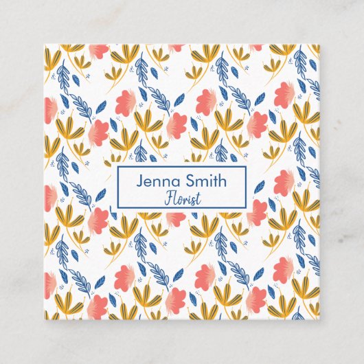 花模様モダンズブルーコーラルピンクガーデンフローリスト スクエア名刺 (正面)
