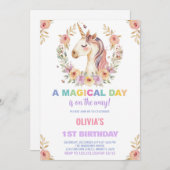 花模様ユニコーン誕生日招待状 招待状 (正面/裏面)