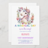 花模様ユニコーン誕生日招待状 招待状 (正面/裏面)