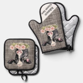 花模様付き白黒ホルスタイン牛 鍋つかみ&鍋敷きセット (正面/裏面)