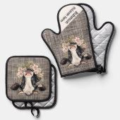 花模様付き白黒ホルスタイン牛 鍋つかみ&鍋敷きセット (正面/裏面)