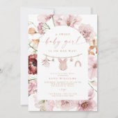 花模様甘いベビーガールのクロースレインベビーシャワー 招待状 (正面)