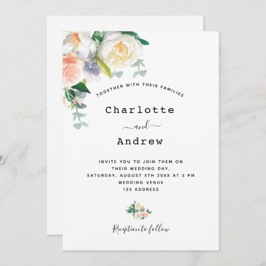 花模様白バラ金ゴールドピンクシンプル結婚ズ 招待状 (正面/裏面)