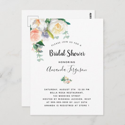 花模様白バラ金ゴールドピンクブライダルシャワー ポストカード (正面/裏面)