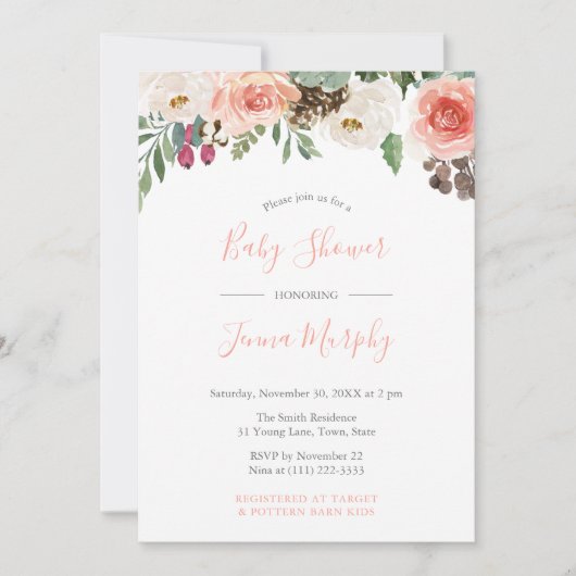 花模様種足冬女素朴子ベビーシャワー 招待状 (正面)