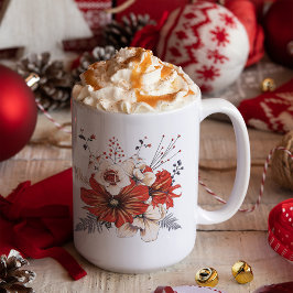 花模様葉レッドクリーム名 コーヒーマグカップ