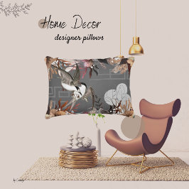 花模様、鳥、石板灰色の背景 アクセントクッション