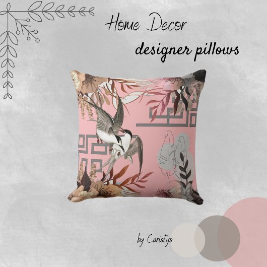 花模様、鳥、赤面ピンク背景アクセント クッション