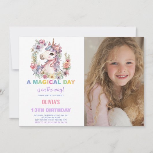花模様Unicorn誕生日招待状と写真 招待状 (正面)