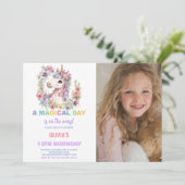花模様Unicorn誕生日招待状と写真 招待状 (スタンド正面)