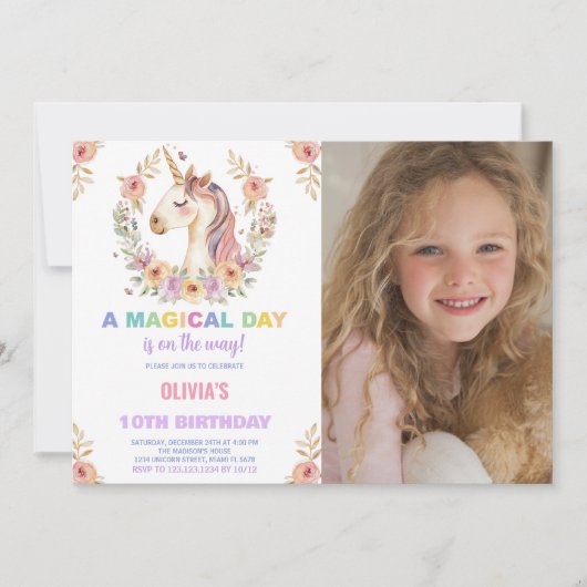 花模様Unicorn誕生日招待状と写真 招待状 (正面)
